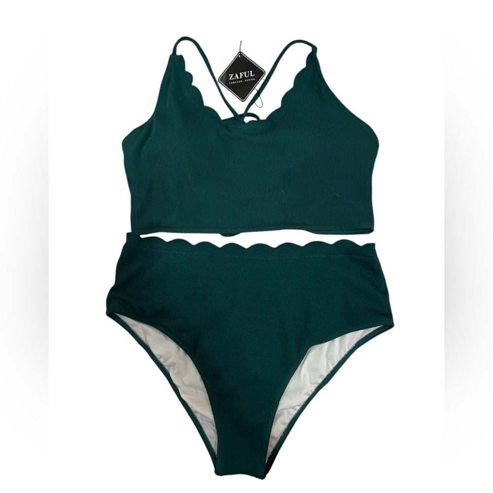 NWT Green Scalloped Two-Piece Bikini Set Tie back Sexy Party Vacation Summer fum